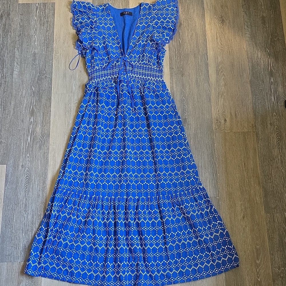 O.P.T Blue Patterned Midi Dress with Ruffle Sleeves